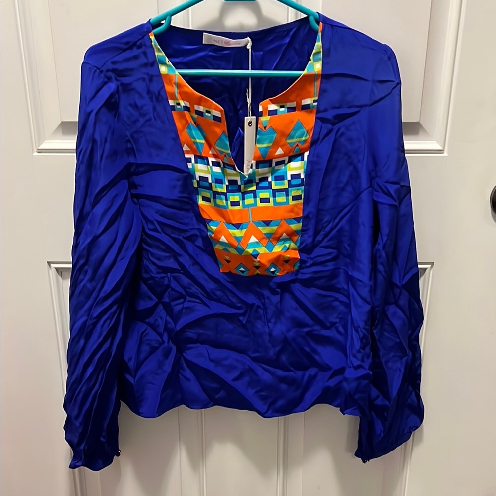 Alice + Trixie 100% Silk Vibrant Blue Women's Top with Geometric Pattern
